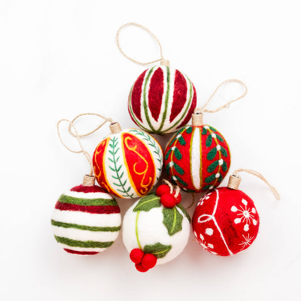 Holiday Felt Ball Ornament Hand Embroidered Red Assorted