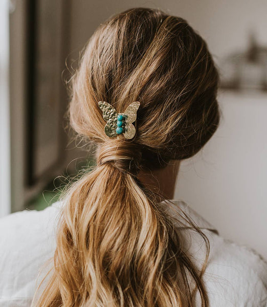 Jatasya Butterfly Hair Barrette - Turquoise, Gold
