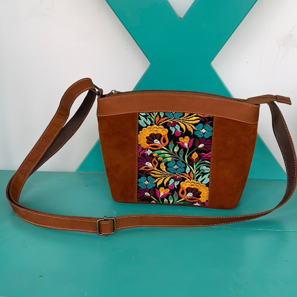 Suede & Leather Floral Shoulder Bag| Colorful Real Suede Bag