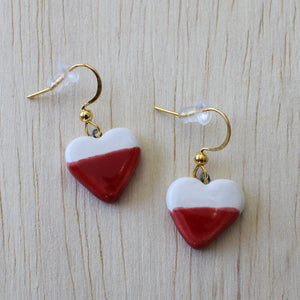 White and Red Dangle Hook Earrings, Small Heart