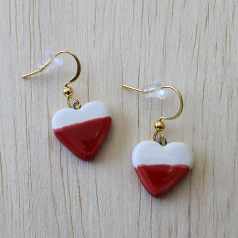 White and Red Dangle Hook Earrings, Small Heart