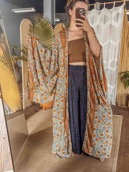 BOHO Silk Bell Sleeve Long Maxi Kimono Duster Cardigan