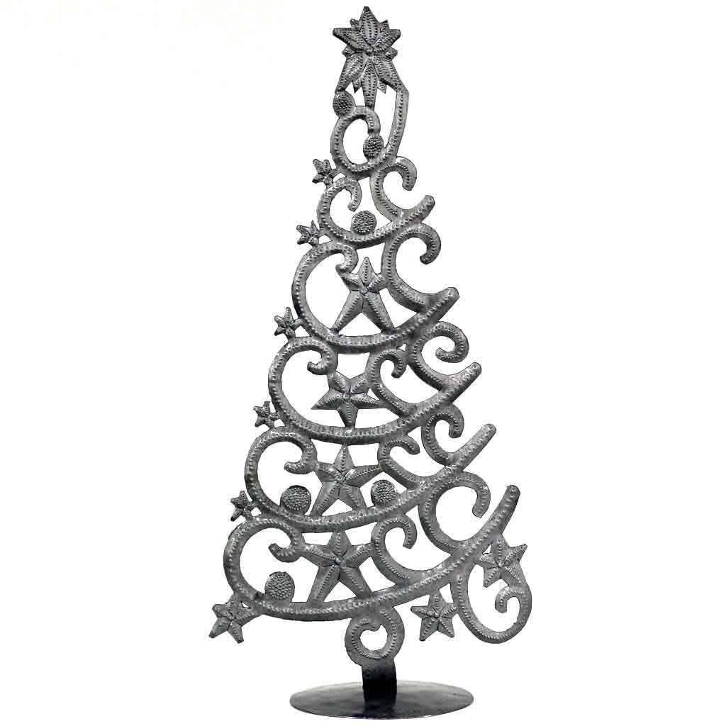 14" Tall  Tree With Stars Haitian Drum Metal Tabletop Decor