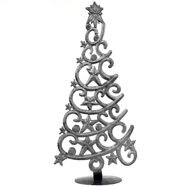 14" Tall  Tree With Stars Haitian Drum Metal Tabletop Decor