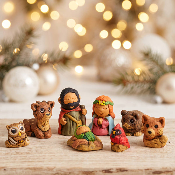 Miniature Nativity Woodsy Ceramic Set of 9 Christmas Gift