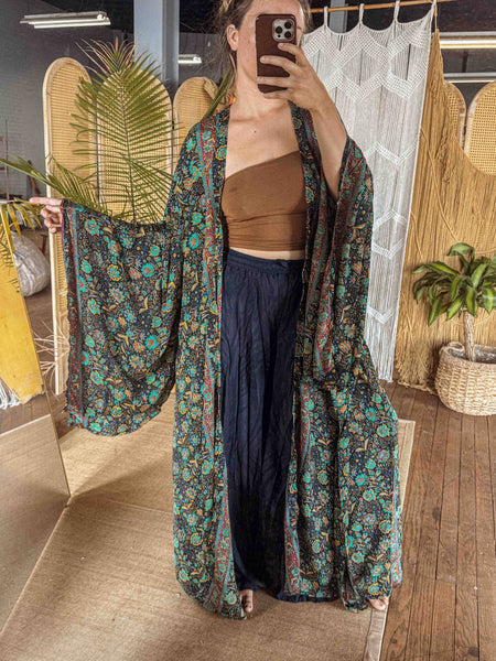 BOHO Silk Bell Sleeve Long Maxi Kimono Duster Cardigan