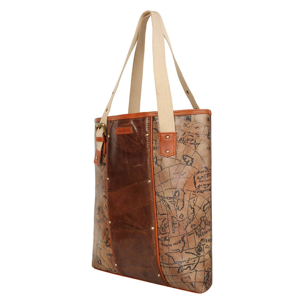 Mia Square Leather Tote Bag - Map Print