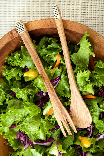 Slender Wild Olive Wood Salad Servers with Etched Bone Handl