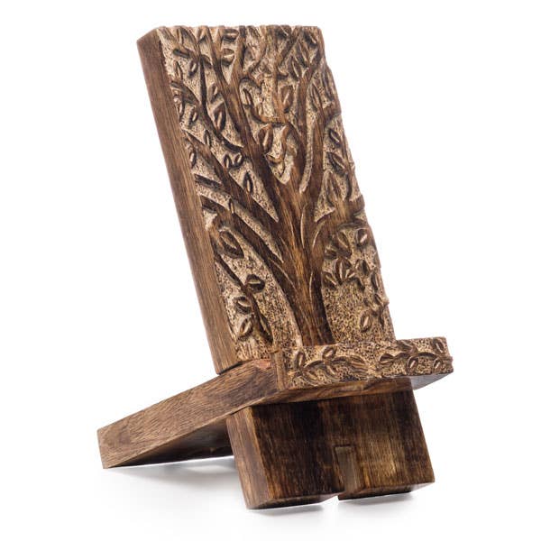 Aranyani Tree of Life Phone Stand for Desk-Hand Carved Wood