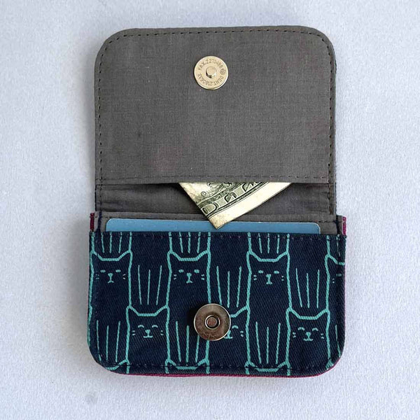Canvas Card Holder - Navy Cats - Slim Cotton Wallet
