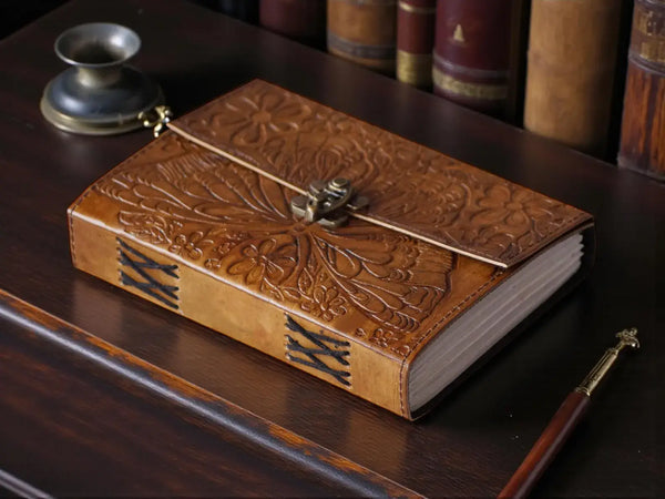 Handmade Leather Journal with Lock | Butterfly Embossed