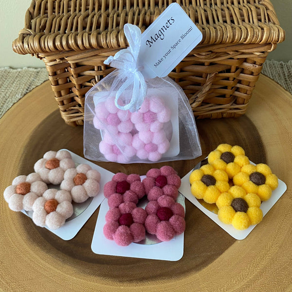 Flower Magnets/ Handmade Pompom & Felt Flower Magnet set