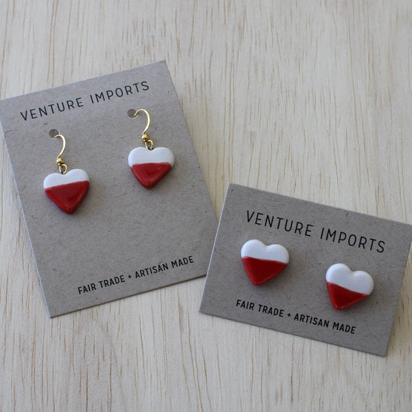 White and Red Dangle Hook Earrings, Small Heart