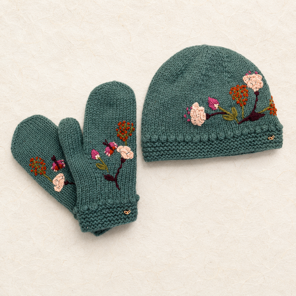 Floral Embroidered Knit Mittens - Blue Sage