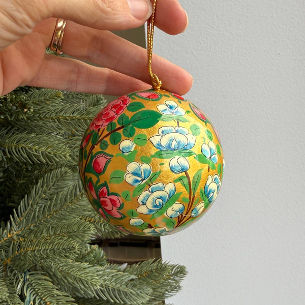 Gold Light Blue Floral Paper Mache Ball Christmas Ornament