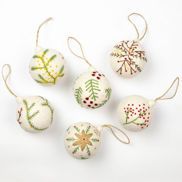 Holiday Ornament Hand Embroidered White Felt Assorted
