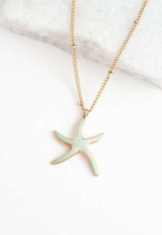 Starfish Hope Necklace in Mint- Starfish Hope Necklace in Gold - Gold Plated Dainty Chain Necklace with Starfish Nautical Necklace Design Star Pendant Necklace