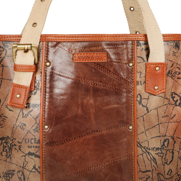 Mia Square Leather Tote Bag - Map Print