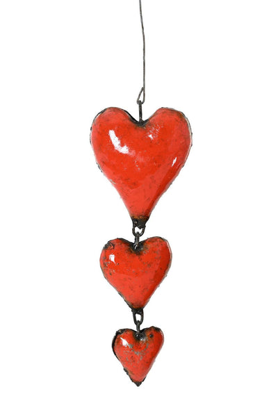 Recycled Metal Triple Hanging Hearts Sculpture