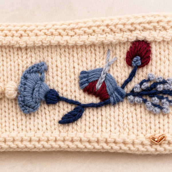 Floral Embroidered Knit Headband - Ecru