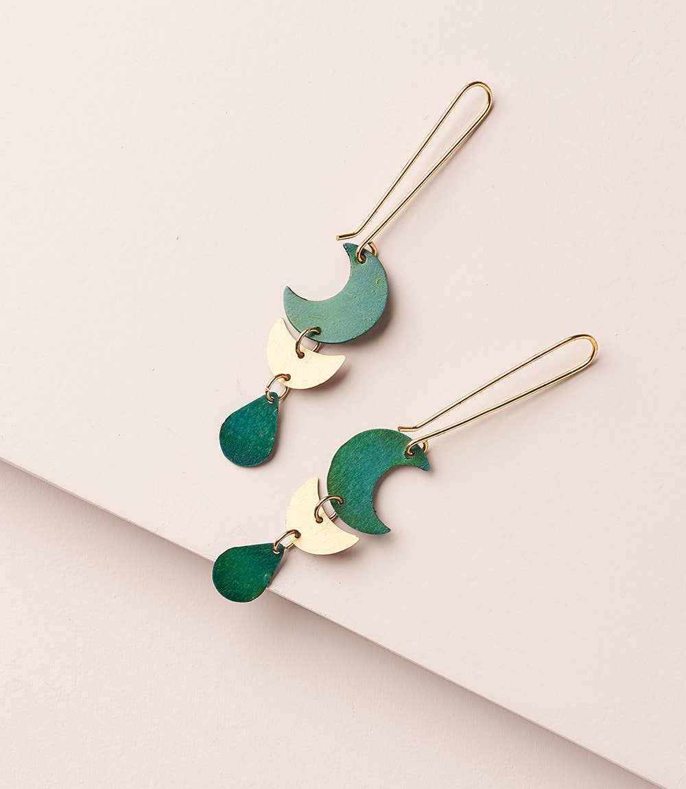 Rajani Moon Phase Drop Earrings - Teal, Gold