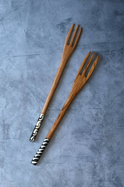 Kenyan Olive Wood Salad Forks with Etched Bone Handles