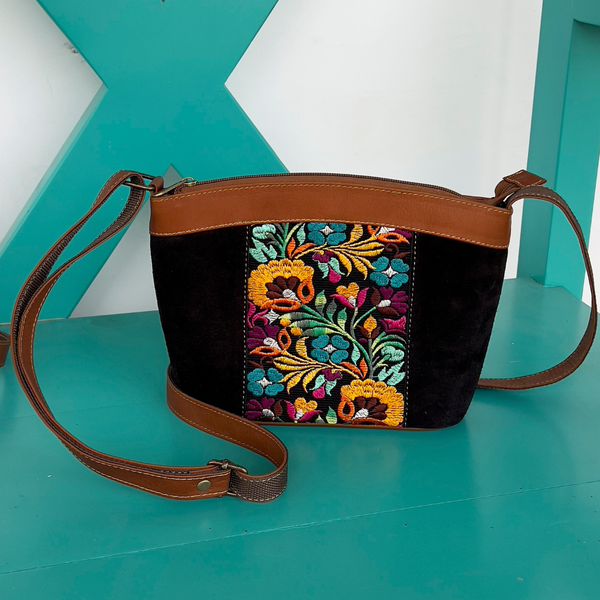 Suede & Leather Floral Shoulder Bag| Colorful Real Suede Bag