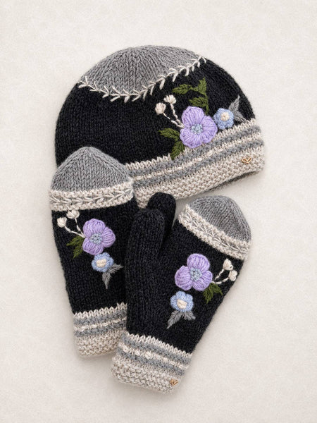 Color Block Embroidered Knit Mittens - Slate