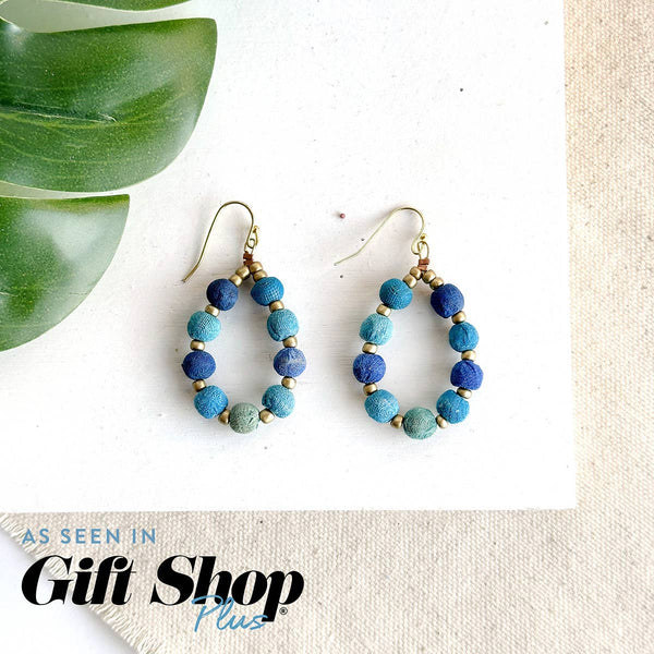 Kantha Azure Beaded Teardrop Earrings