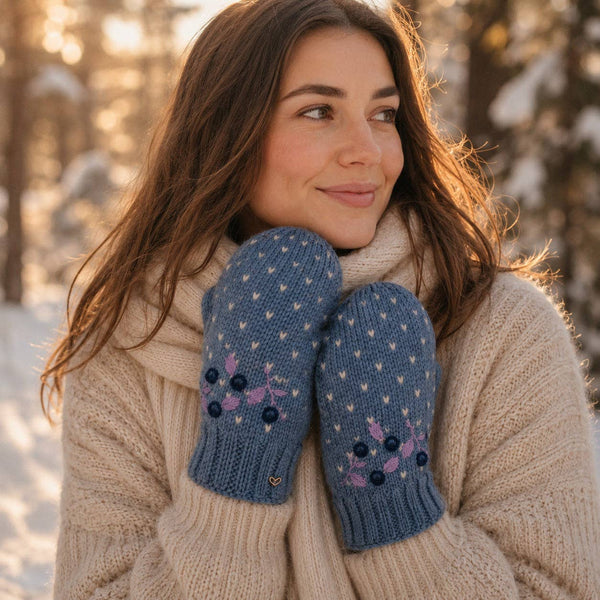 Blueberries Embroidered Knit Mittens - Slate