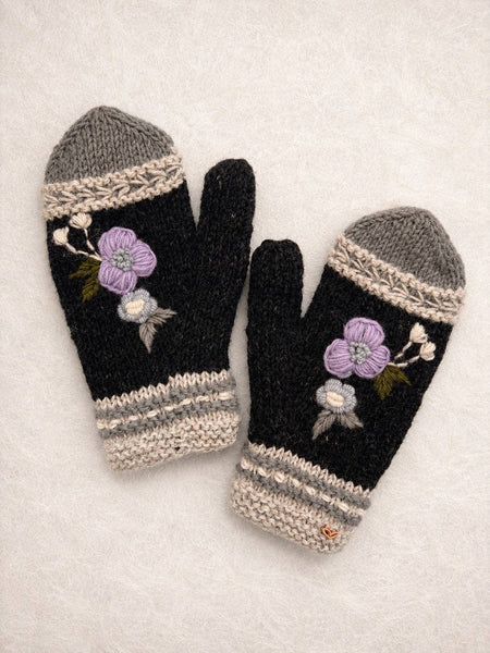 Color Block Embroidered Knit Mittens - Slate
