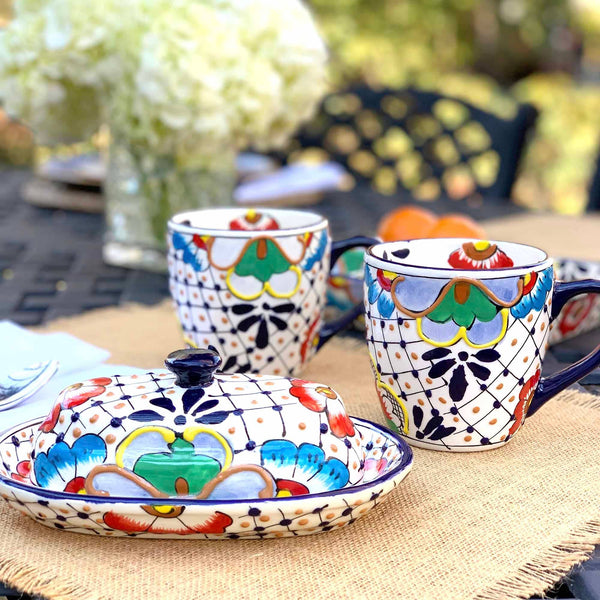 Encantada Handmade Pottery Butter Dish, Dots & Flowers