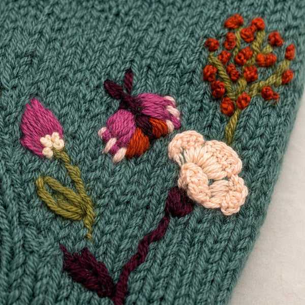 Floral Embroidered Knit Mittens - Blue Sage