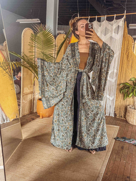 BOHO Silk Bell Sleeve Long Maxi Kimono Duster Cardigan