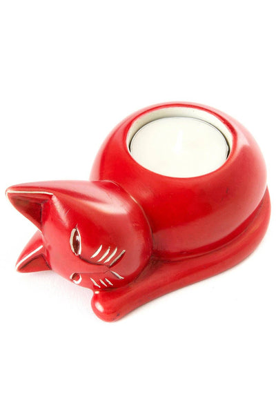 Red Soapstone Cozy Cat Tea Light Candle Holder