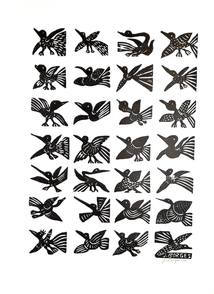 Large Borges Woodblock Print, 28 Birds