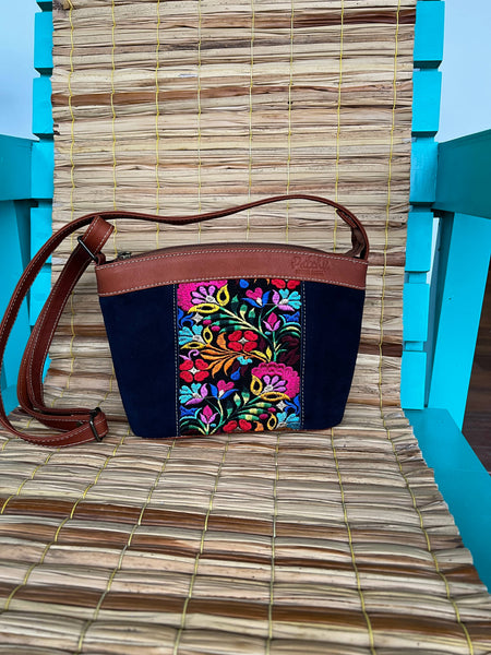Suede & Leather Floral Shoulder Bag| Colorful Real Suede Bag