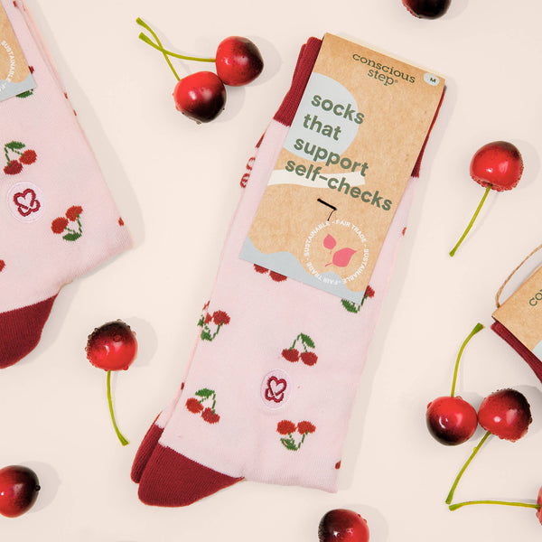 Socks that Support Self-Checks (Pink Cherries)