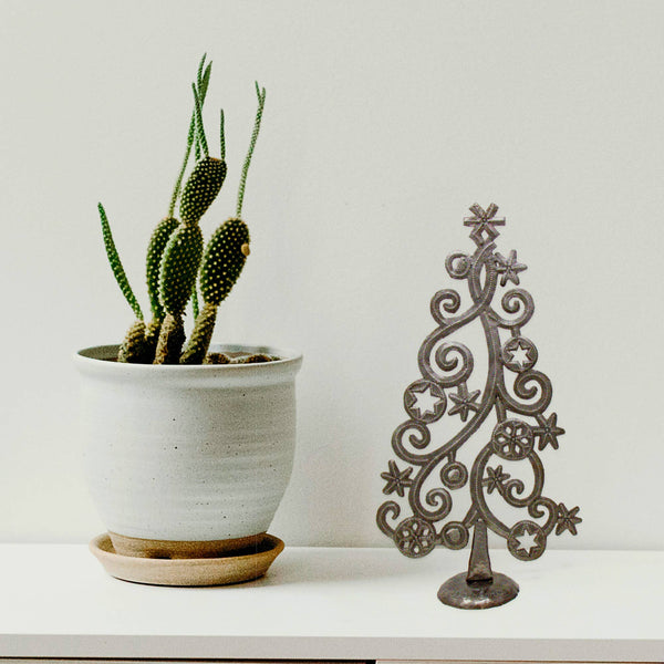 14" Tall  Tree With Stars Haitian Drum Metal Tabletop Decor