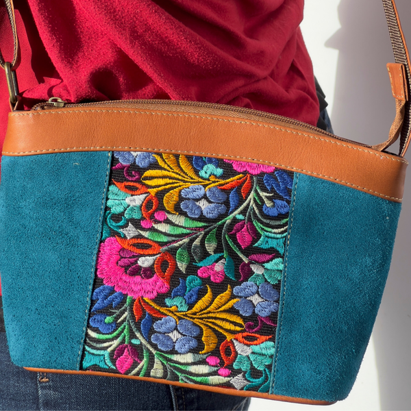 Suede & Leather Floral Shoulder Bag| Colorful Real Suede Bag
