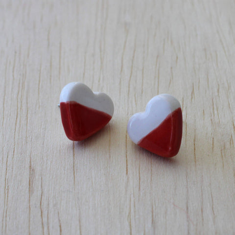 White and Red Stud Earrings, Small Heart