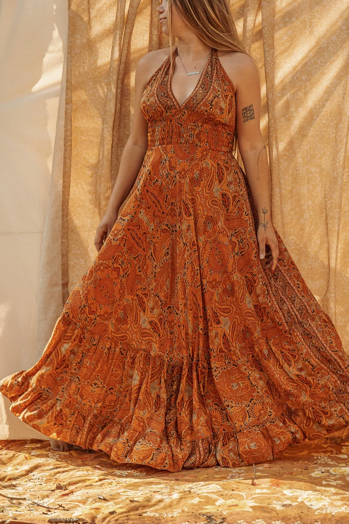 Hippie Boho Maxi Silk Dress, Bohemian Long Back Bow Dress Creative Women of the World Hippie Boho Maxi Silk Dress, Bohemian Long Back Bow Dress Creative Women of the World
