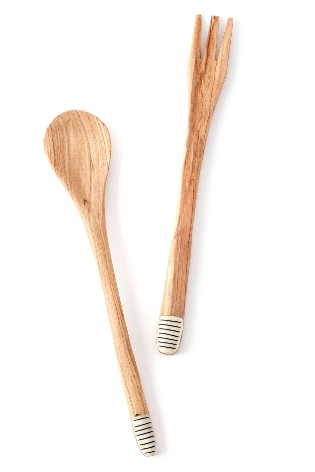 Slender Wild Olive Wood Salad Servers with Etched Bone Handl