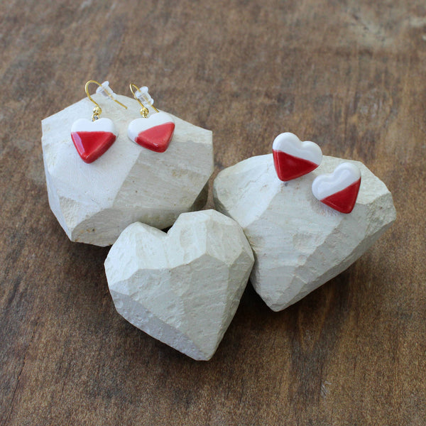 White and Red Stud Earrings, Small Heart