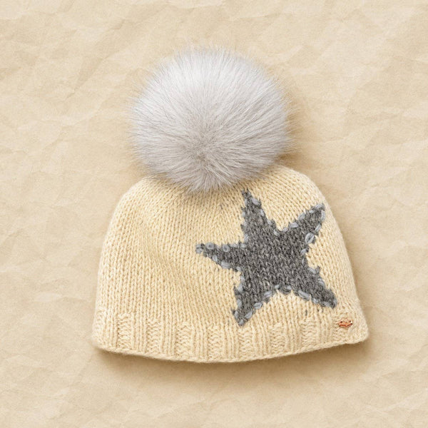 Star Embroidered Knit Pom Beanie - Ecru