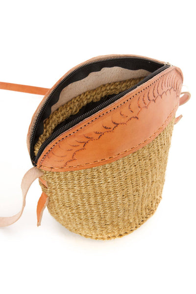 Khaki Sisal and Leather Petite Zippered Purse