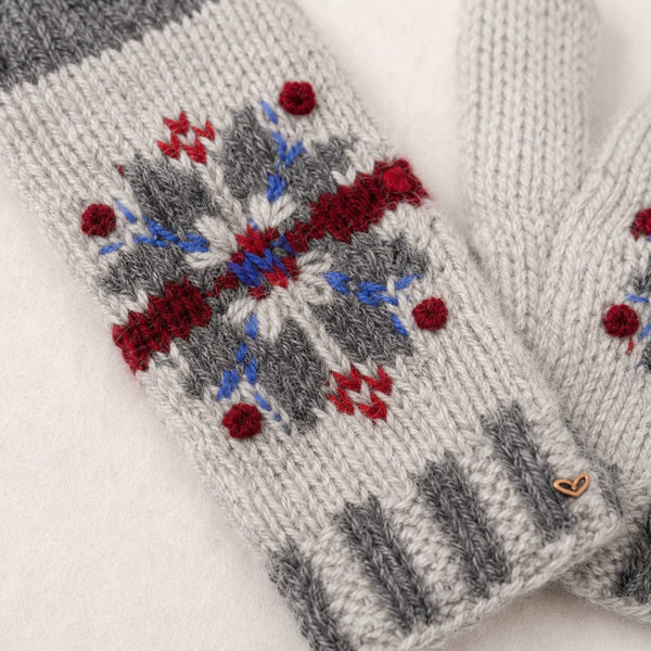 Fair Isle Snowflake Embroidered Knit Mittens - Gray