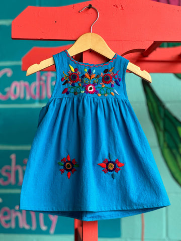 Blue Girl's Embroidered Sleeveless Dress