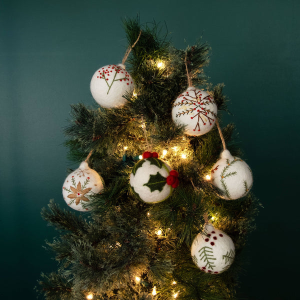 Holiday Ornament Hand Embroidered White Felt Assorted