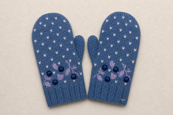 Blueberries Embroidered Knit Mittens - Slate